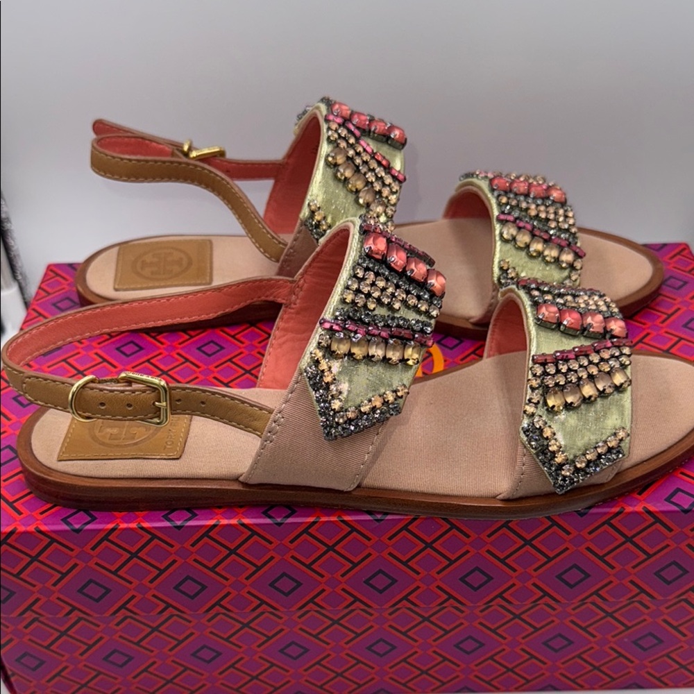 Tory Burch Gold Jeweled Strappy Sandals - Picture 3 of 16